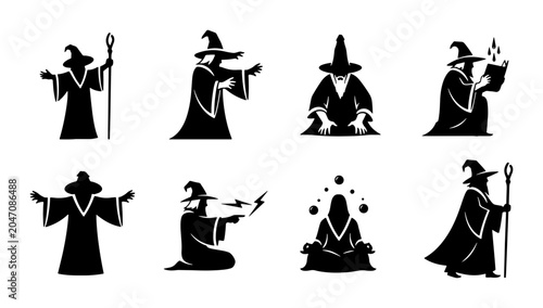 Canvas-taulu Wizard Icons Set, Magic Sorcerer Silhouettes, Fantasy Character Vector Graphics,