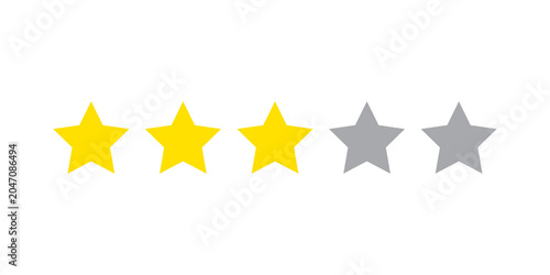 Five star rating icon set three gold stars and two gray stars isolated on transparent background