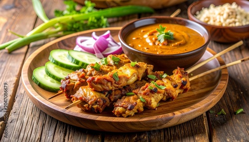 Delicious grilled chicken skewers served with savory peanut dipping sauce fresh cucumber slices and red onions on a rustic wooden platter.
