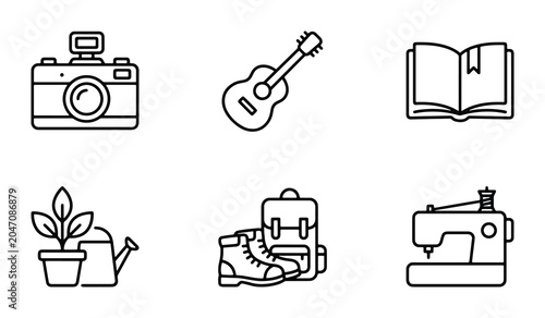 Hobby Icons Set: Camera, Guitar, Book, Gardening, Hiking, Sewing, Vector Graphics