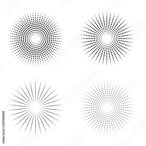 Halftone Radial Dot Sunburst Backgrounds Set Retro Vector Circular Halftone Patterns for Design