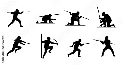 Tableau sur toile Ancient Warrior Silhouettes, Spear and Bow Poses, Tribal Hunter Action, Primitiv