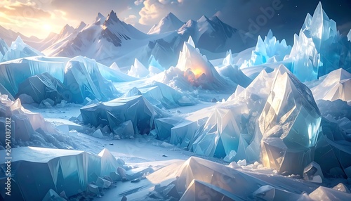 Glowing Ice Formations in Frosty Landscape.