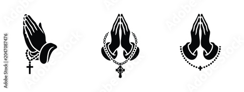 Konstfotografi Religious icons praying hands with rosary beads crosses silhouette vector illust