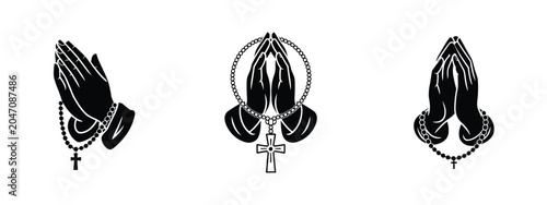 Konstfotografi Black silhouette praying hands with rosary beads and crosses minimalist religiou