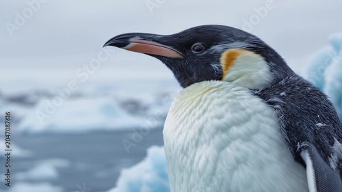 Close up of an Emperor Penguin in its natural icy habitat.