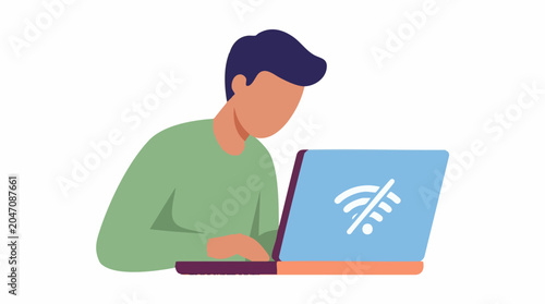 Foto Man facing internet connection problem with laptop showing no Wi-Fi