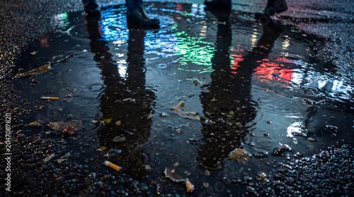 Gritty urban asphalt puddle with distorted neon reflections