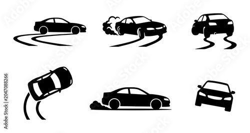 Canvastavla Car Drifting Icons Set, Automotive Sports Vector Graphics, Dynamic Driving Silho
