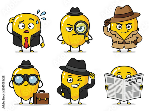 Cute Corn Kernel Character Mascot Set in Various Detective and Professional Business Poses for Branding