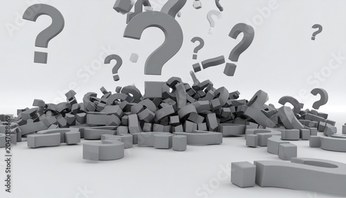Pile of 3D Question Marks Falling and Scattered, Representing Confusion and Uncertainty