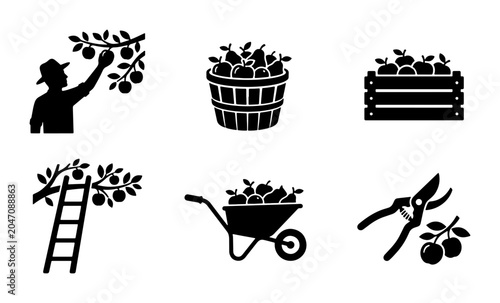 Bild auf Leinwand Apple Picking Icons, Orchard Harvest Set, Farmer Gathering Fruit Vector Graphics