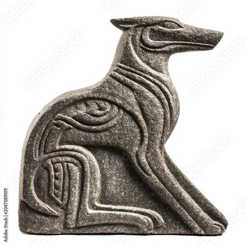 Ancient Stone Sculpture of a Seated Greyhound Dog Detailed Carvings White Background Studio Shot