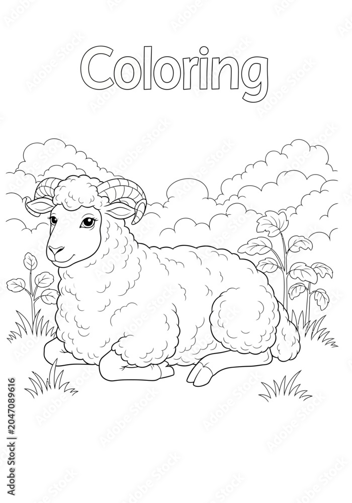 Obraz premium Cute sheep resting in a grassy meadow coloring page