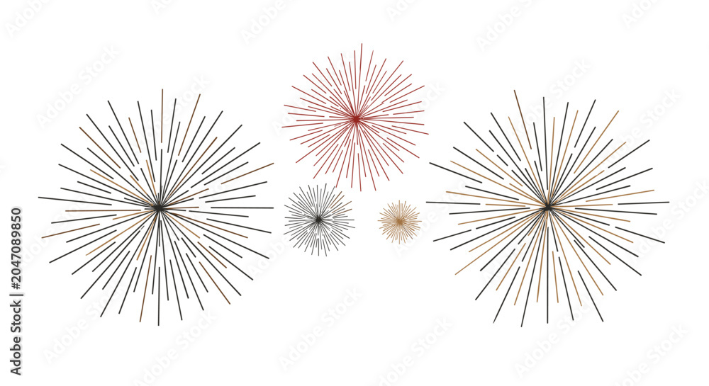 Obraz premium Collection of hand drawn starburst and firework elements in various colors like bronze, black, and dark red.