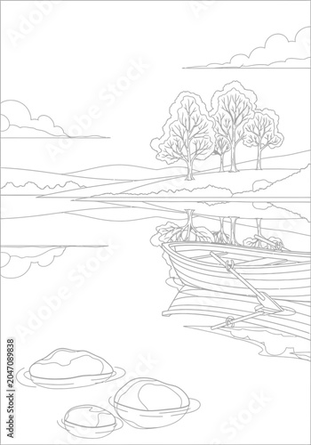 Minimalist sketch of small village landscape with trees and hills