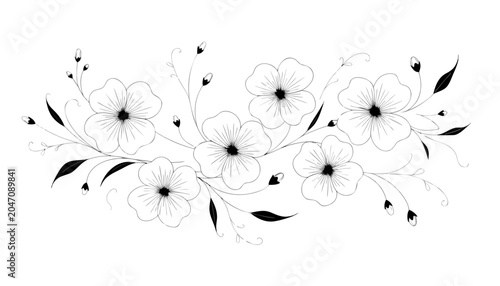 

An abstract black and white floral design element features a beautiful nature pattern with elegant swirls and leaves for a decorative spring card illustration