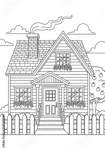 Charming old house with porch and garden illustration