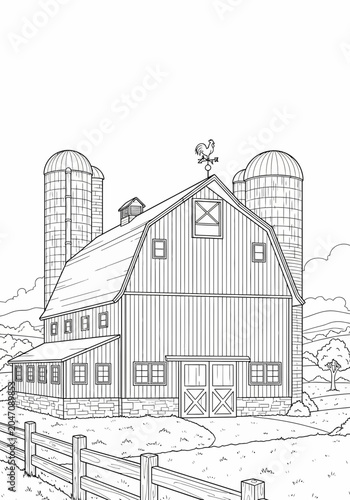 Sketch of barn with silos and farm buildings