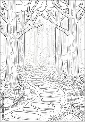 Mystical forest path with ancient stone archway