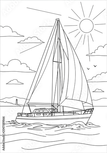 Sailboat gliding on calm ocean with sun