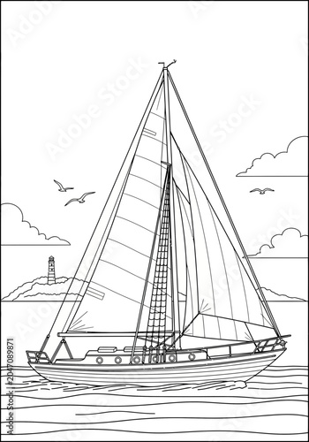Classic sailboat drawing on calm water