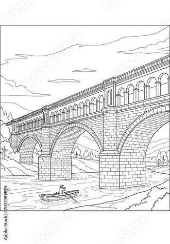 Old stone bridge over a river with boat