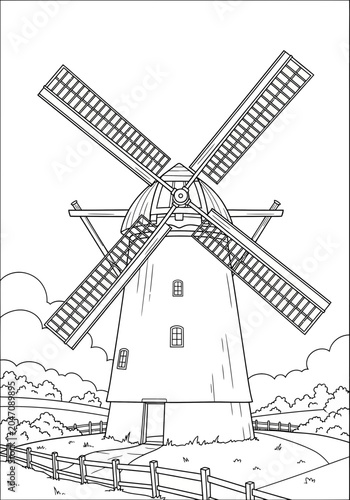 Old-fashioned windmill drawing with blueprints