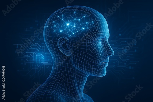 Futuristic Digital Human Head with Glowing Neural Network Connections Representing Artificial Intelligence and Advanced Machine Learning Technology