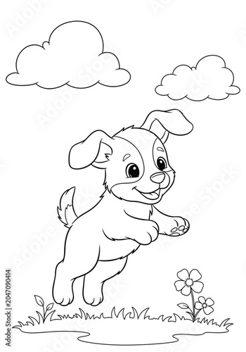 Cartoon puppy waving with flowers and clouds
