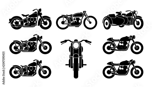 Foto Motorcycle Icons Set: Vintage Chopper, Cafe Racer, Sidecar, Classic Bikes, Vecto