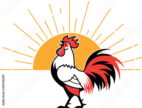 Rooster standing in front of sunrise