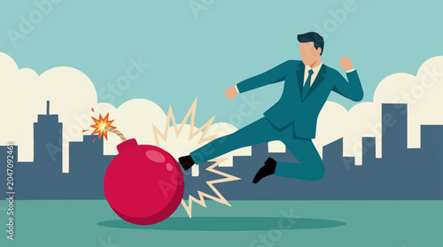 Photos Businessman Kicking a Bomb in a City, Symbolizing Crisis Management