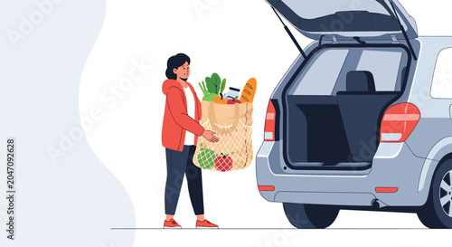 Young woman carrying a reusable mesh bag full of fresh vegetables and groceries to her open car trunk after a healthy shopping trip.