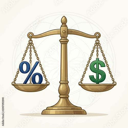 The balance scale shows percentage and dollar sign symbols in equilibrium on golden plates.