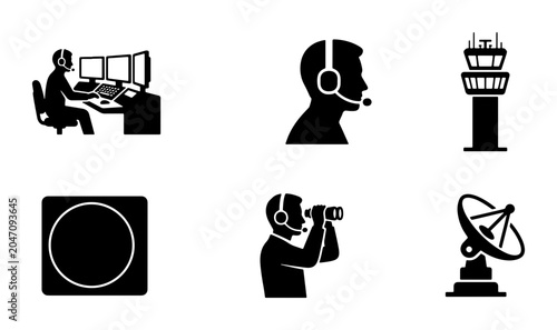 Bild auf Leinwand Air Traffic Control Icons: Controller, Tower, Radar, Communication, Surveillance