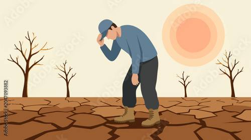 Bild auf Leinwand Man in arid landscape with cracked earth and dry trees under scorching sun