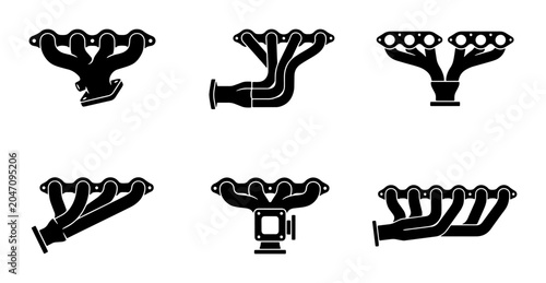 Foto Exhaust Manifold Vector Icons Set, Automotive Engine Parts Collection, Black Sil