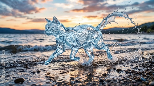 Splashing Water Animal Silhouette at Ocean Sunset with Dramatic Lighting