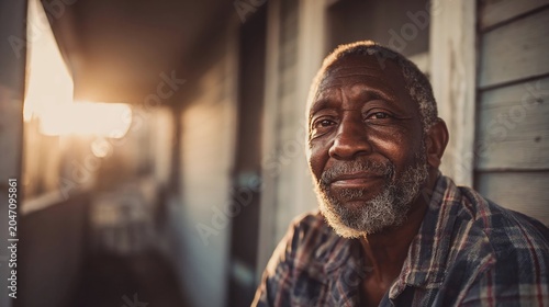An elderly African American man with a gray beard sits on a wooden porch during a bright golden hour sunset