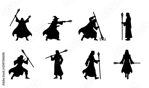 Valokuva Wizard Silhouette Collection, Magical Fantasy Characters, Mystic Sorcerer Poses,