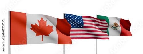 Canada United States and Mexico flags isolated on white background, North America cooperation concept.
