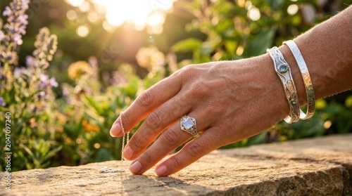 Close-up of a Womans Hand with Jewelry Touching a Stone Wall in Golden Hour Sunlight.