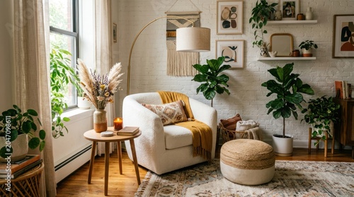 Cozy Bohemian Living Room with Natural Light and Lush Greenery.