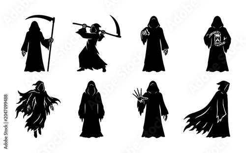 Obraz na płótnie Grim Reaper Silhouettes, Death Personification Icons, Halloween Scary Figures, O