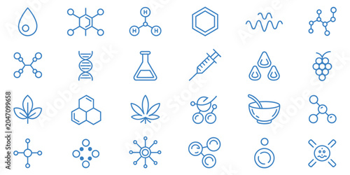 Schilderij op canvas Skincare Ingredient Line Icons Vector Illustration with Molecule Vitamin Serum C