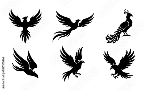 Bild auf Leinwand Mythical Phoenix Vector Icons Set, Fiery Bird Silhouettes for Fantasy and Legend