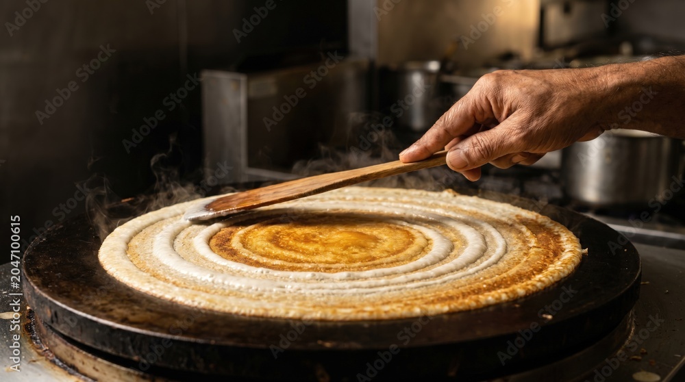 Obraz premium Hand cooking Dosa on a hot griddle in a kitchen