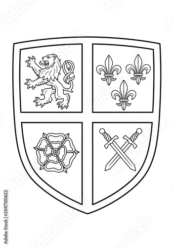 Vintage heraldic shield with four floral and geometric emblems