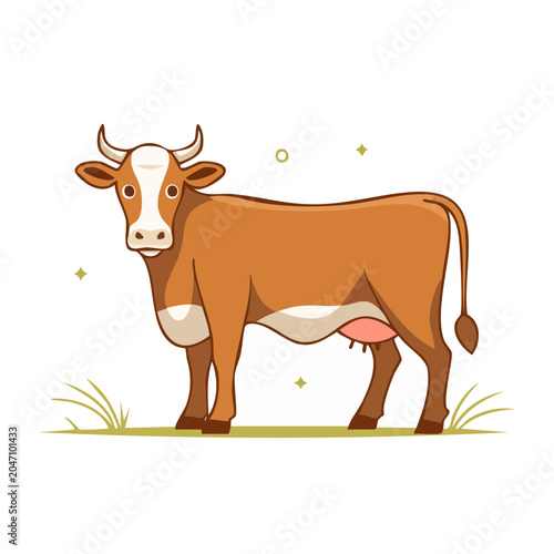 Brown cow illustration with white markings on grass